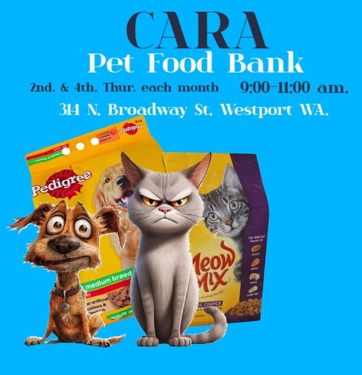 A stern cartoon cat and hapless dog with food bags in the background.